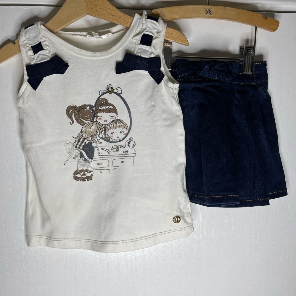 Mayoral Girls' White and Navy Top with Matching Denim Skirt
